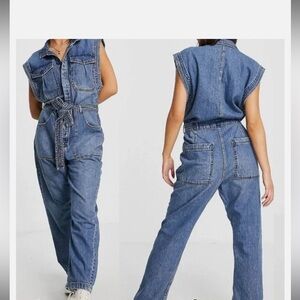 We The Free Sydney Sleeveless Belted Overall Denim Jumpsuit Blue Women's S